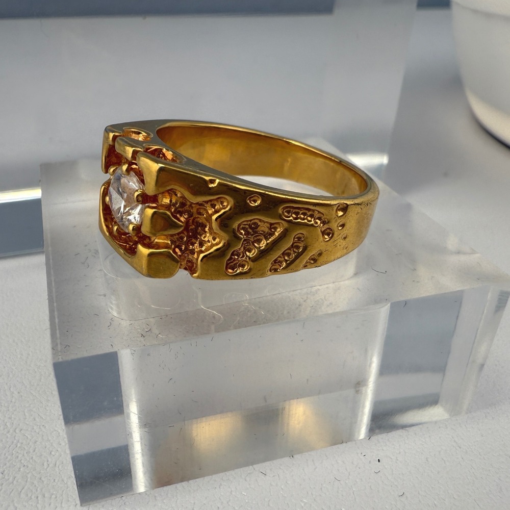 Chunky Vintage Gold Tone Men's Statement Ring‎ with Clear Glass Stone Size 11.75 - Picture 10 of 12